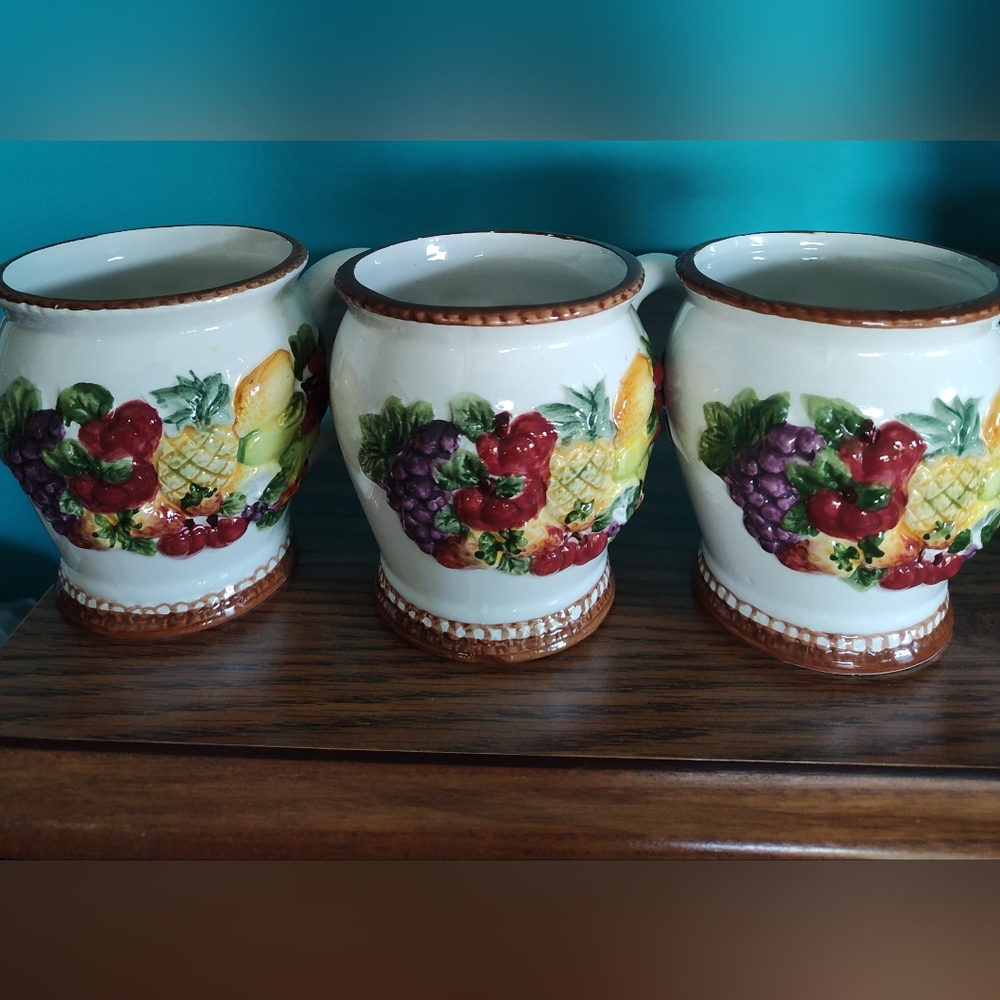 GOLDEN KING IMPORTS 3 - 12 oz Ceramic Coffee Cups w/raised fruit.